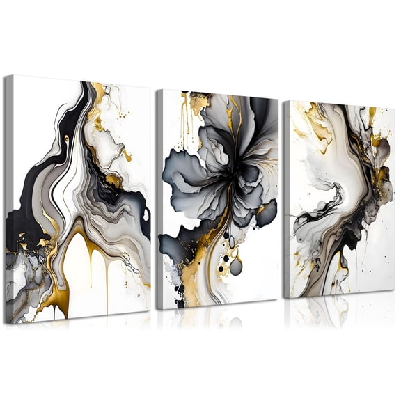 3-Panel Black And Gold Abstract Wall Art, Modern Gray-Gold Marble Texture Flowing Canvas Decor For Living Room, Bedroom & Office