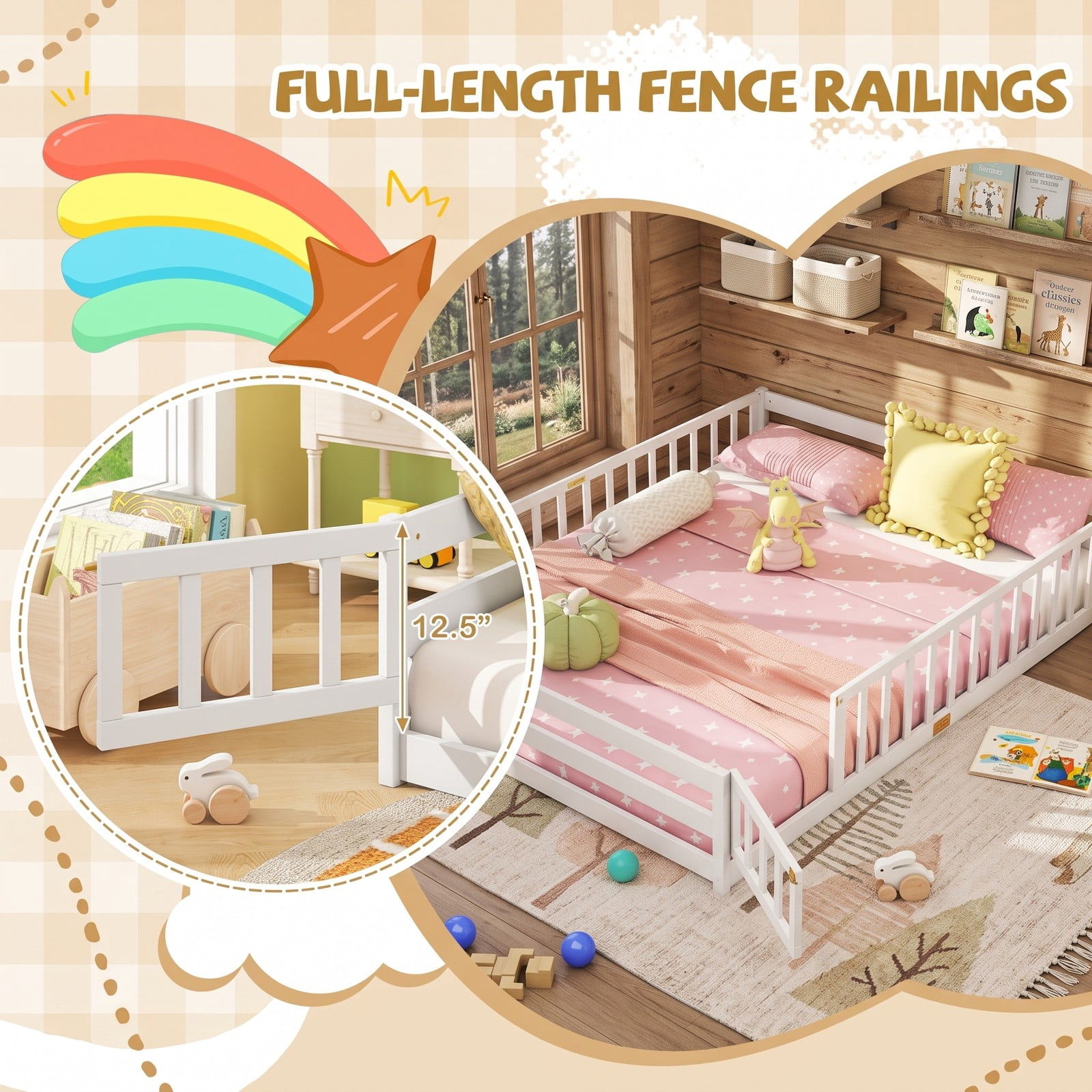 Furnibear Queen Size Bed Frame Montessori Floor Bed for Kids, House Bed with Full Length Guardrails and Lockable Gate, Wood Queen Bed Frame, White