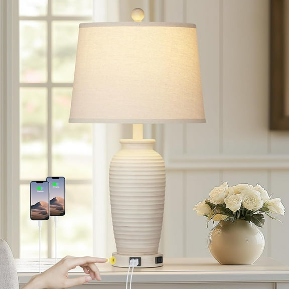 25" Farmhouse Jar Table Lamps, 3 Way Touch Control Rustic Bedside Lamps with USB A C Ports & AC Outlet, Pot Nightstand Lamps for Bedroom Living Room (LED Bulbs Included)