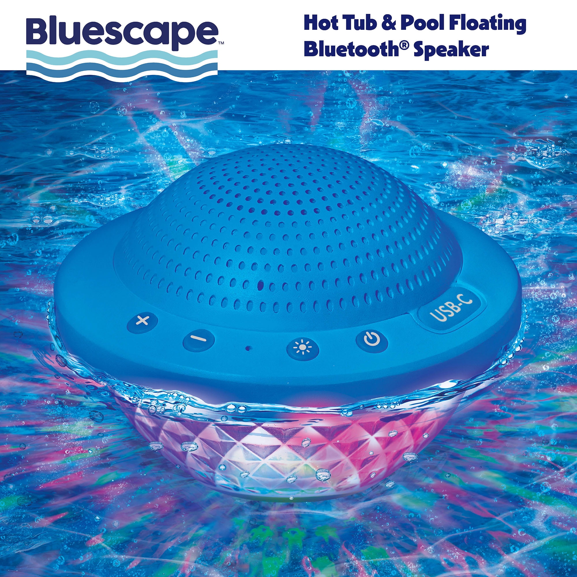 Bluescape Floating Bluetooth Speaker – IPX7 Waterproof, LED Light Show, FM Radio, 6-Hr Playtime, True Wireless Stereo, for Hot Tubs, Pools & Beach