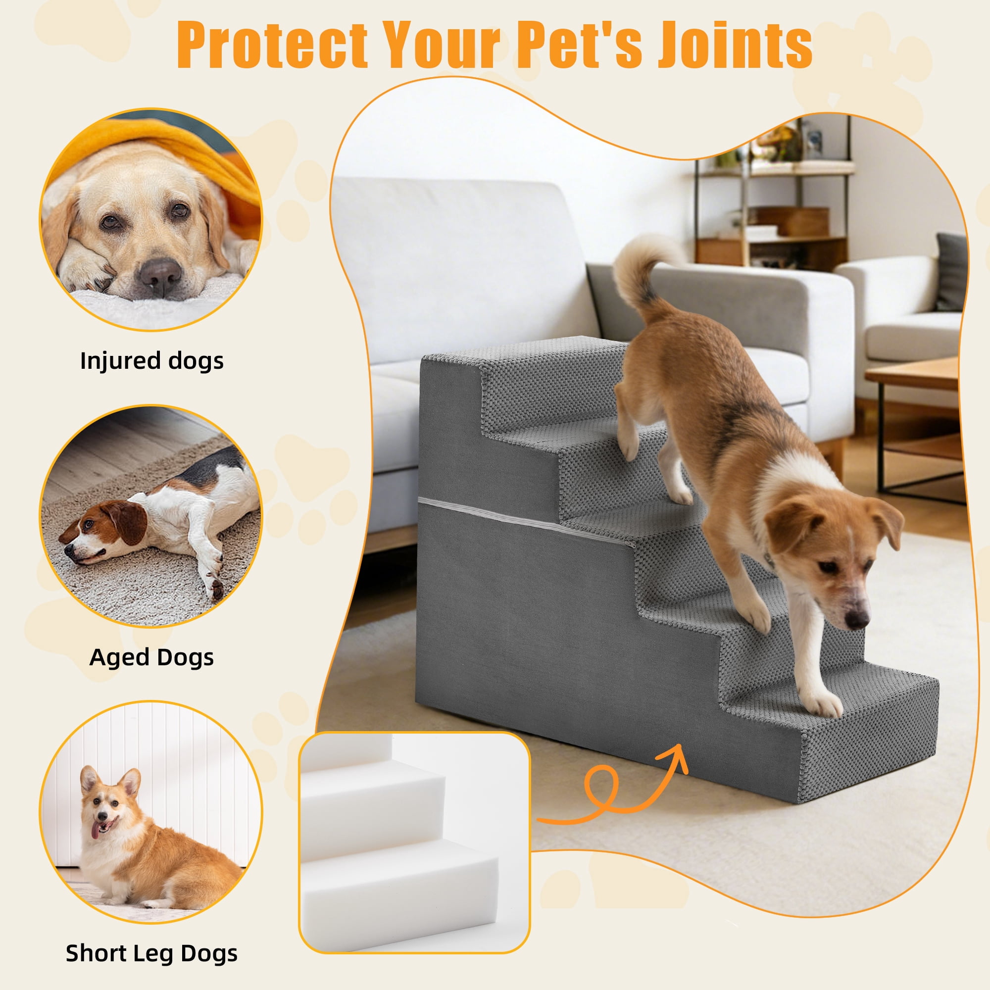 Gianna 24" Dog Stairs for Bed, 5-Step Non-Slip Pet Steps for Small Dogs and Cats, Indoor, Grey