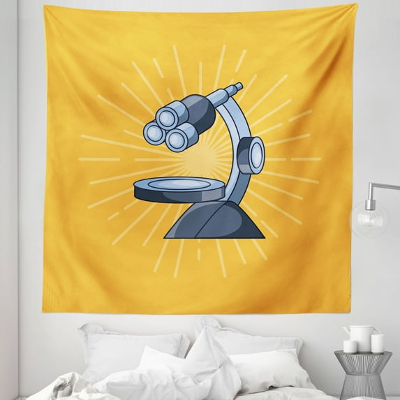 Science Tapestry, Cartoon Drawn Microscope Tool on Sunburst Examining Equipment Print, Fabric Wall Hanging Decor for Bedroom Living Room Dorm, 5 Sizes, Pale Orange and Purpleblue, by Ambesonne
