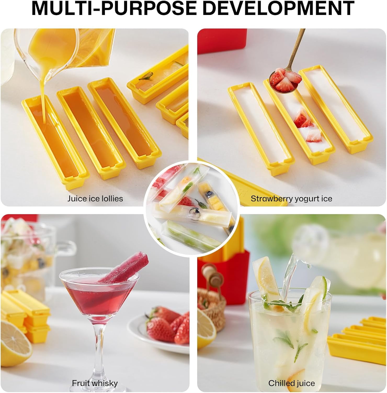 French Fries Shape Silicone Ice Cube Tray 6 Pcs Set, Funny Long Thin Strips Ice Molds for Summer Whiskey Juice Coffee Narrow Mouth Glass Cups Cool Block Mold