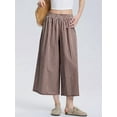 thumbnail image 2 of Womens Cotton Gingham Plaid Culottes Summer Elastic Waist Palazzo Trousers Bottoms with Pockets Coffee Color XL, 2 of 6