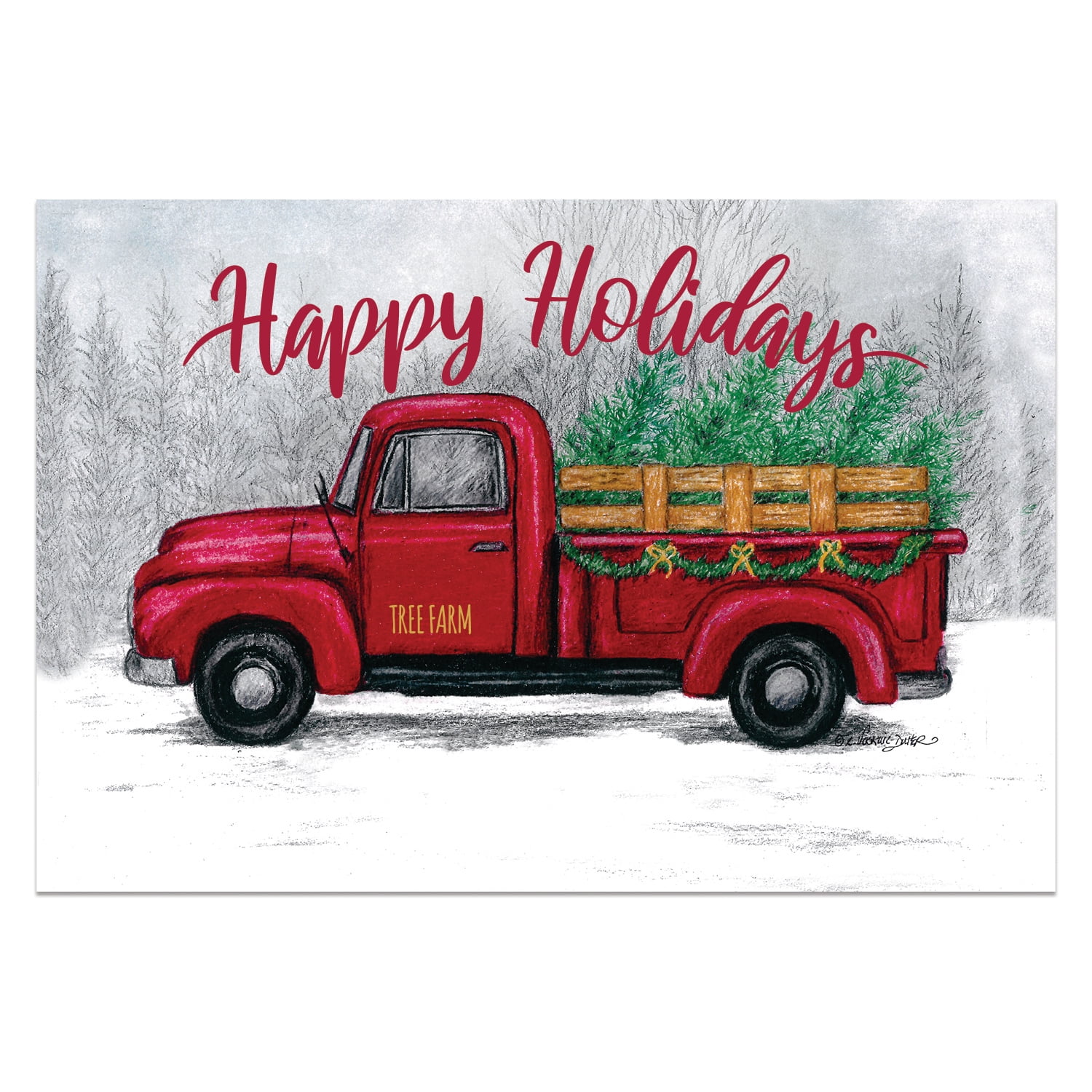 Personalized Planet 27x18 Happy Holidays Red Christmas Tree Vintage Farm Tuck Doormat with Custom Personalization Printed on Rectangular 1/8” Thick Non Slip Mat for Kitchen Hallway Deck or Porch