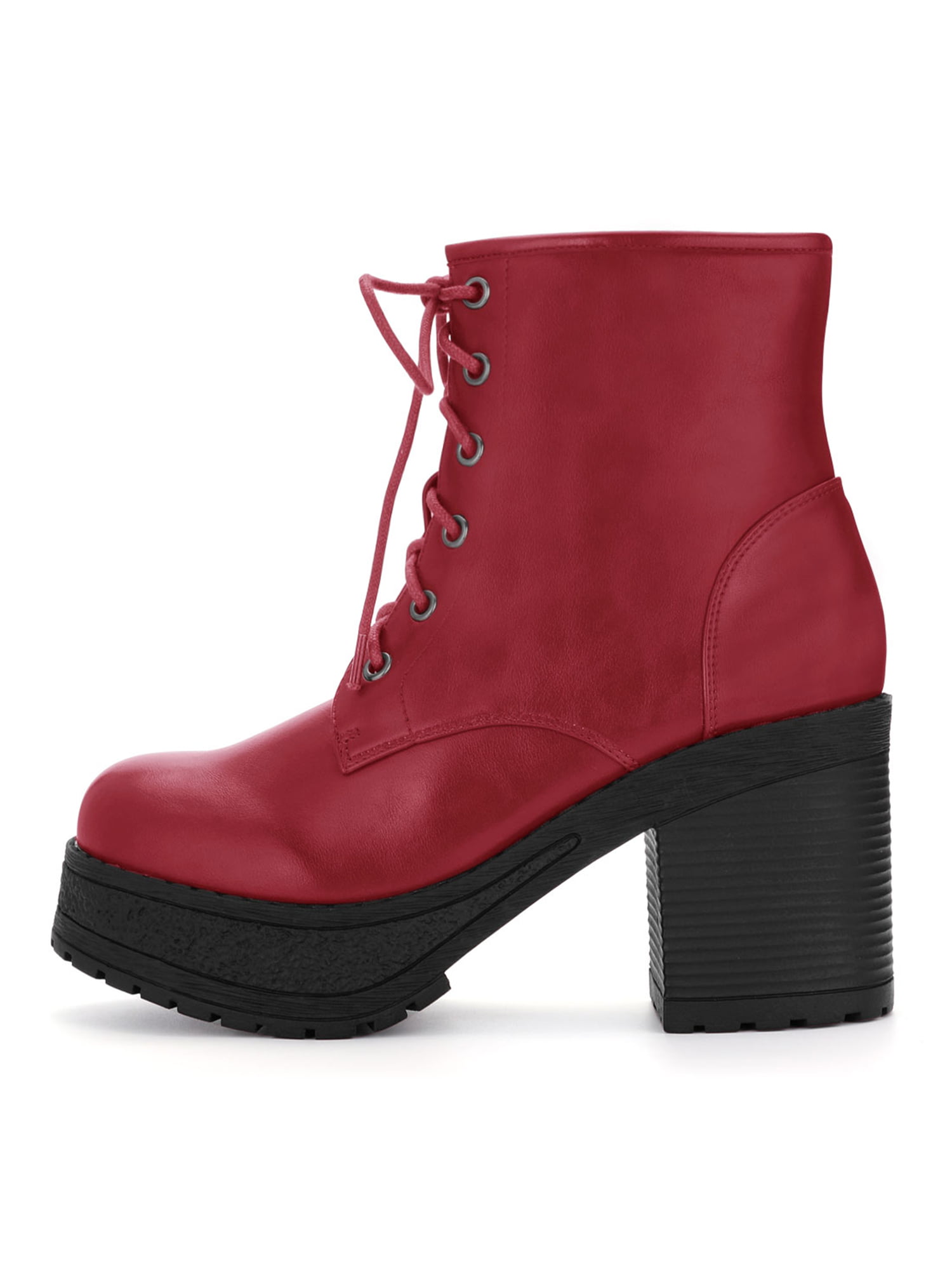 Women Chunky Heel Platform Lace Up Ankle Combat Boots Red US 5 ...
