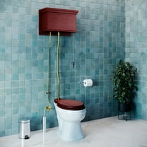 Renovators Supply High Tank Pull Chain Toilet w/Cherry Wooden Flat High Tank 59" to 74" Adjustable Height Brass Z Pipe and Round Toilet Bowl