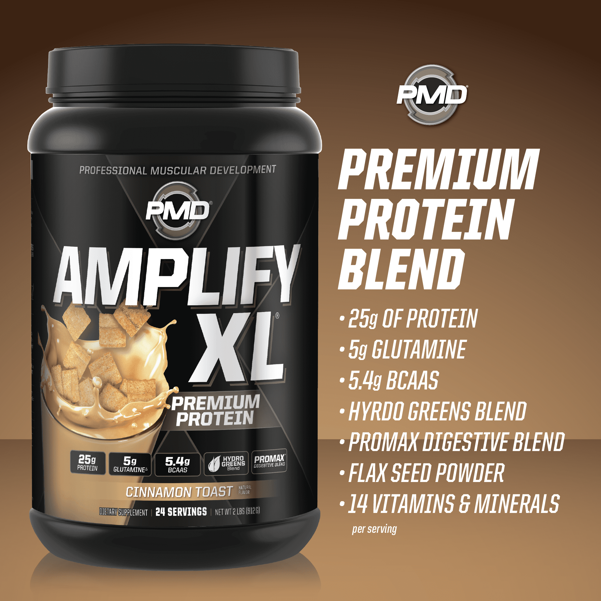 PMD Sports Amplify XL Premium Whey Protein Supplement Hydro Greens Blend - Glutamine and Whey Protein Matrix with Superfood for Muscle, Strength and Recovery - Cinnamon Toast (24 Servings)