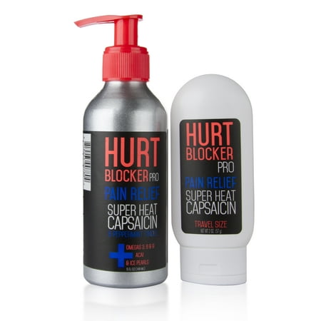 Hurt Blocker Pro Pain Relief Cream Super Heat Capsaicin & Peppermint w/ Omegas 3, 6, and 9, Acai, and Ice Pearls. Hot Therapy Cream for Aches & Pains Associated w/ Arthritis, Strains, Sprains  5