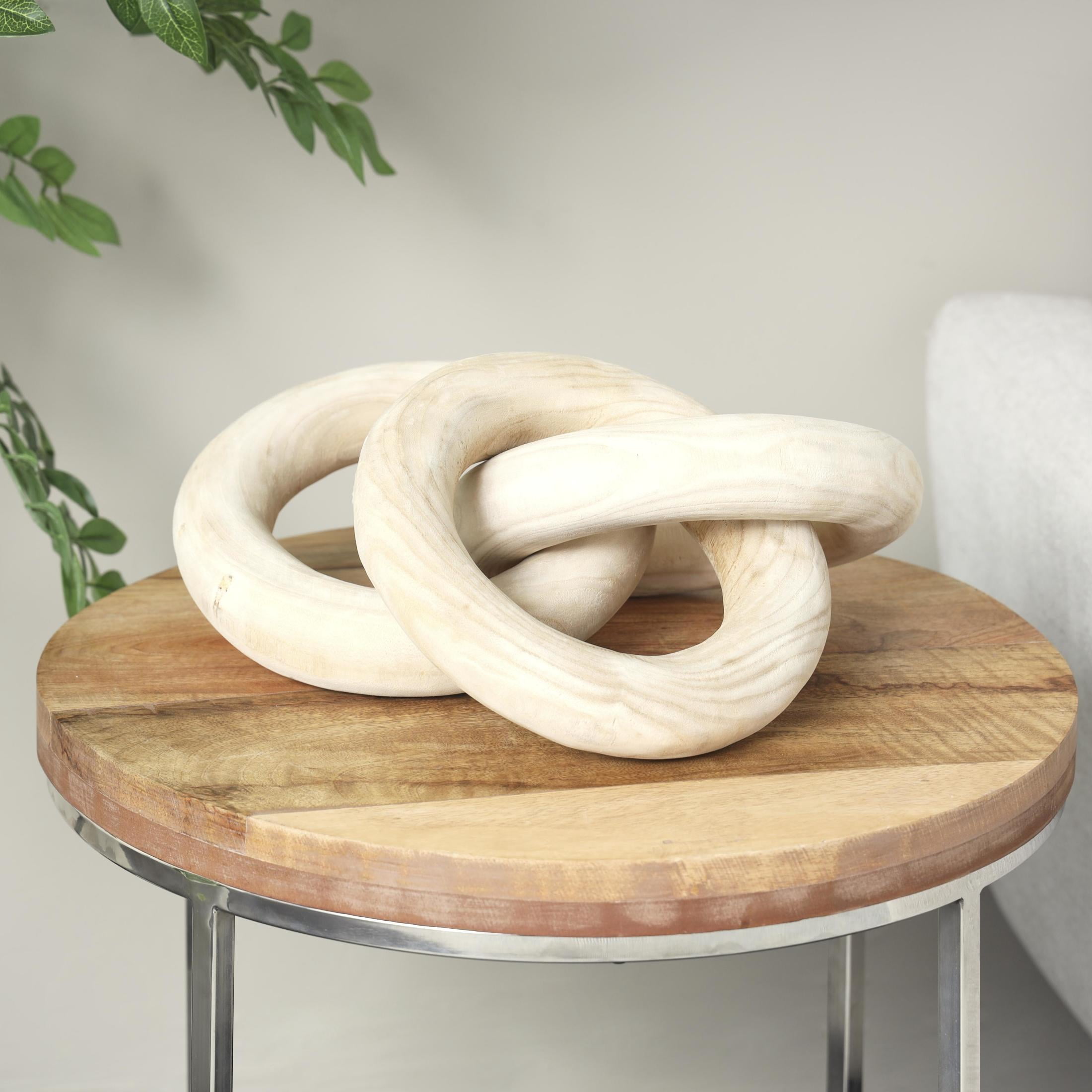 20" x 5" Cream Wood 3 Link Chain Sculpture with Natural Wood Grain, by DecMode