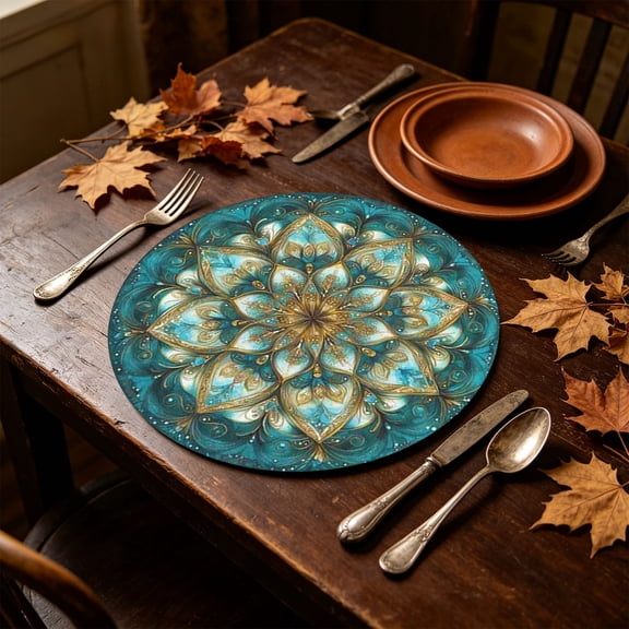 Boho Mandala Printed Linen Round Placemat,Heat Resistant Table Mat,Vintage Rustic Drink Coaster for Mug,Cup,Kitchen,Dining Table,Home Decor