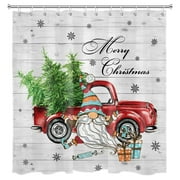 Red Christmas Truck Shower Curtain, Snowflake Christmas Tree and Funny Gnome on Rustic Grey Wood Board Bathroom Shower Curtain Farmhouse Christmas Polyester Fabric Decor Curtain with Hooks, 69X70 inch