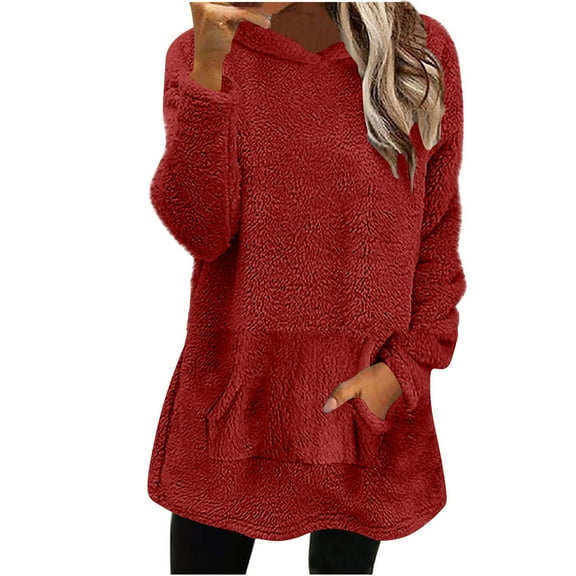 Qetyuw Womens Fuzzy Hoodies Winter Casual Long Sleeve Pullover Solid Warm Loose Fit Hoodie with Pocket