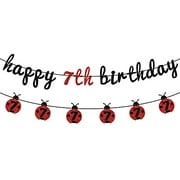 Angle View: Ladybug Theme Happy 7th Birthday Banner - Cute Ladybird Bday Bunting Sign - Cheers to 7 Years Party Decoration Supplies