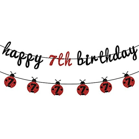 Ladybug Theme Happy 7th Birthday Banner - Cute Ladybird Bday Bunting Sign - Cheers to 7 Years Party Decoration Supplies
