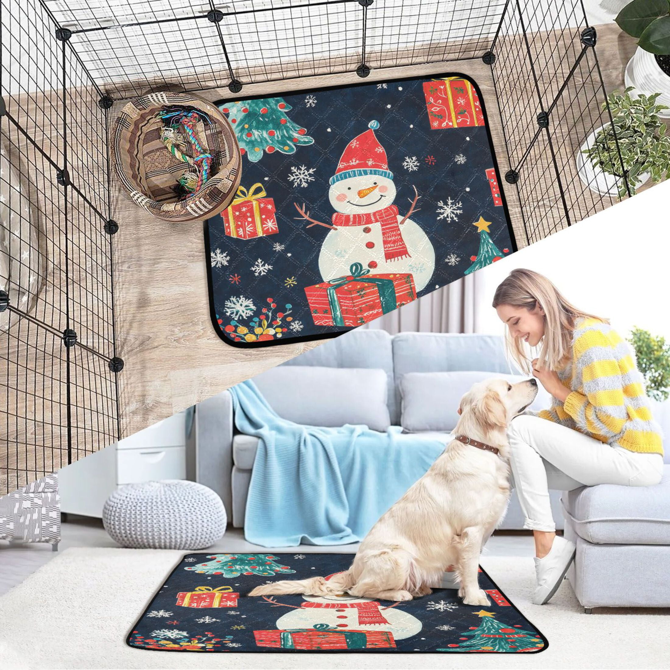 Qxltty A Dark Blue Background with Christmas Snowman Cat litter Pads Pet Set of 3 Diaper Mats Center Anti-leakage Layer Absorbent Soft and Comfortable