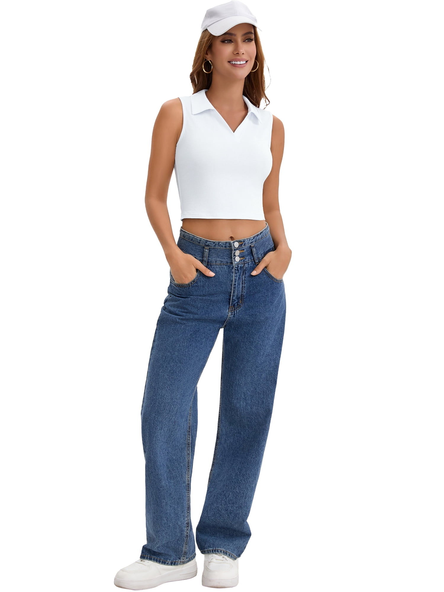 DARING DIVA Women's Cropped Sleeveless Golf Polo Shirt with V Neck and Slim Fit L White