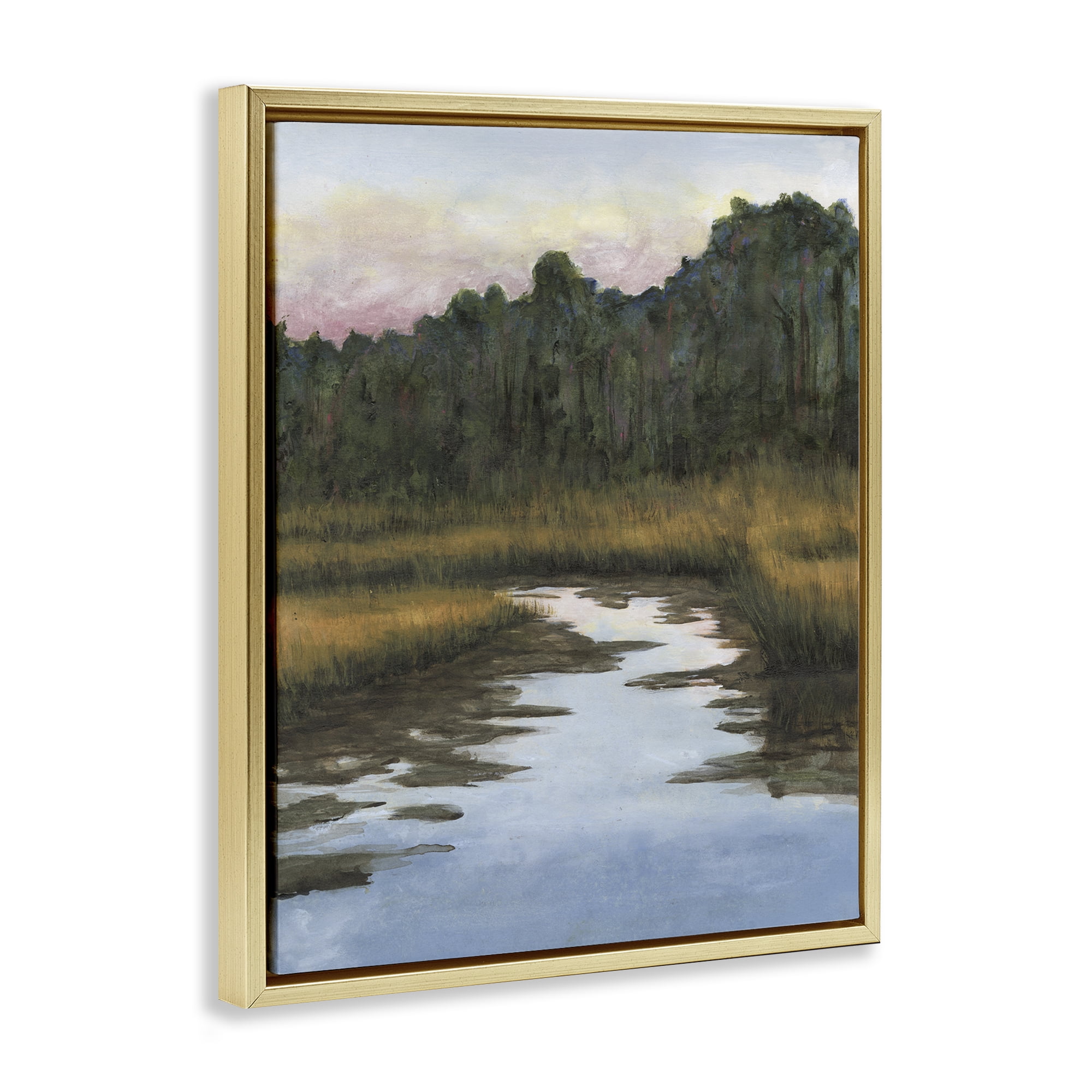 Stupell Industries Peace Stream in Nature Landscape & Nature Painting Gold Floater Framed Canvas Art Print Wall Art, 25 x 31