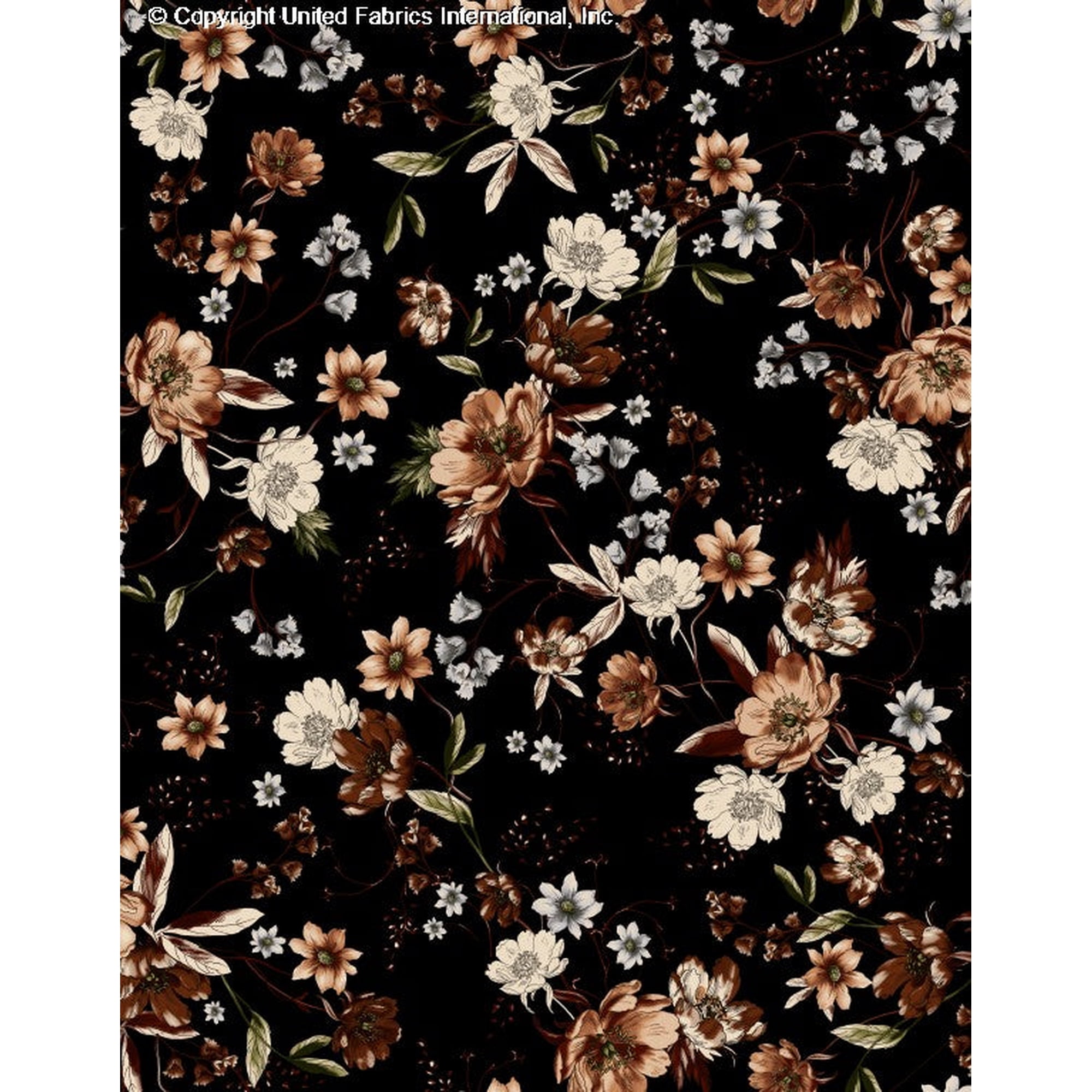 Challis Rayon Printed Valentina, Floral Fabric, Dress Fabric (BROWN/OLIVE/GREY, ByYard)