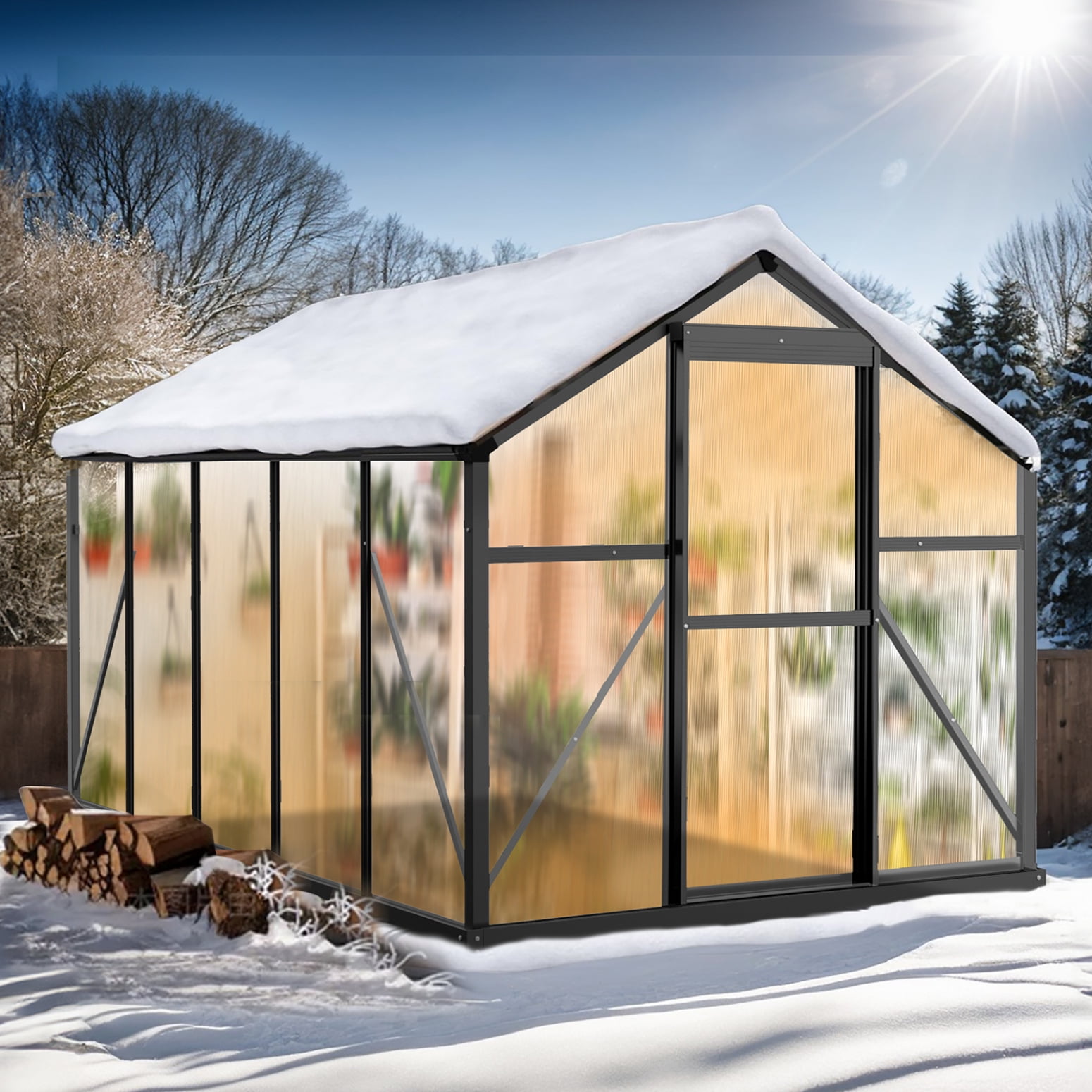 6x10 FT Greenhouse for Outdoors, Polycarbonate Greenhouse with Roof Vent and Sliding Door, Aluminum Large Walk-in Greenhouse for Outside Garden Backyard, Black