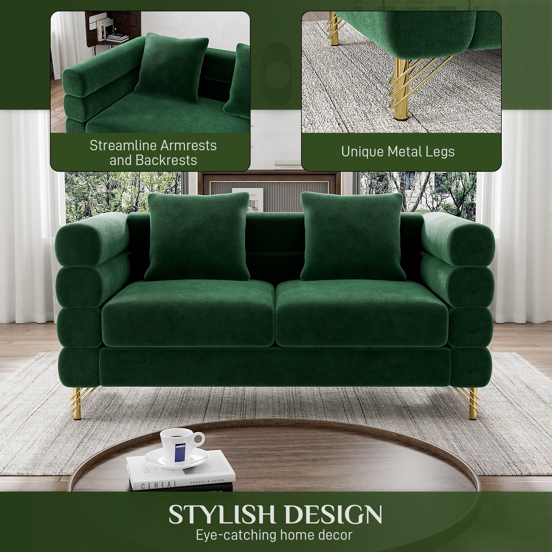 Wiilayok 59" Velvet Cloud Couch, 2 Seater Deep Seat Sofa Couches with Gold Legs,Pillows,Modern Loveseat Sofa for Living Room Bedroom Office Apartment,Emerald Green