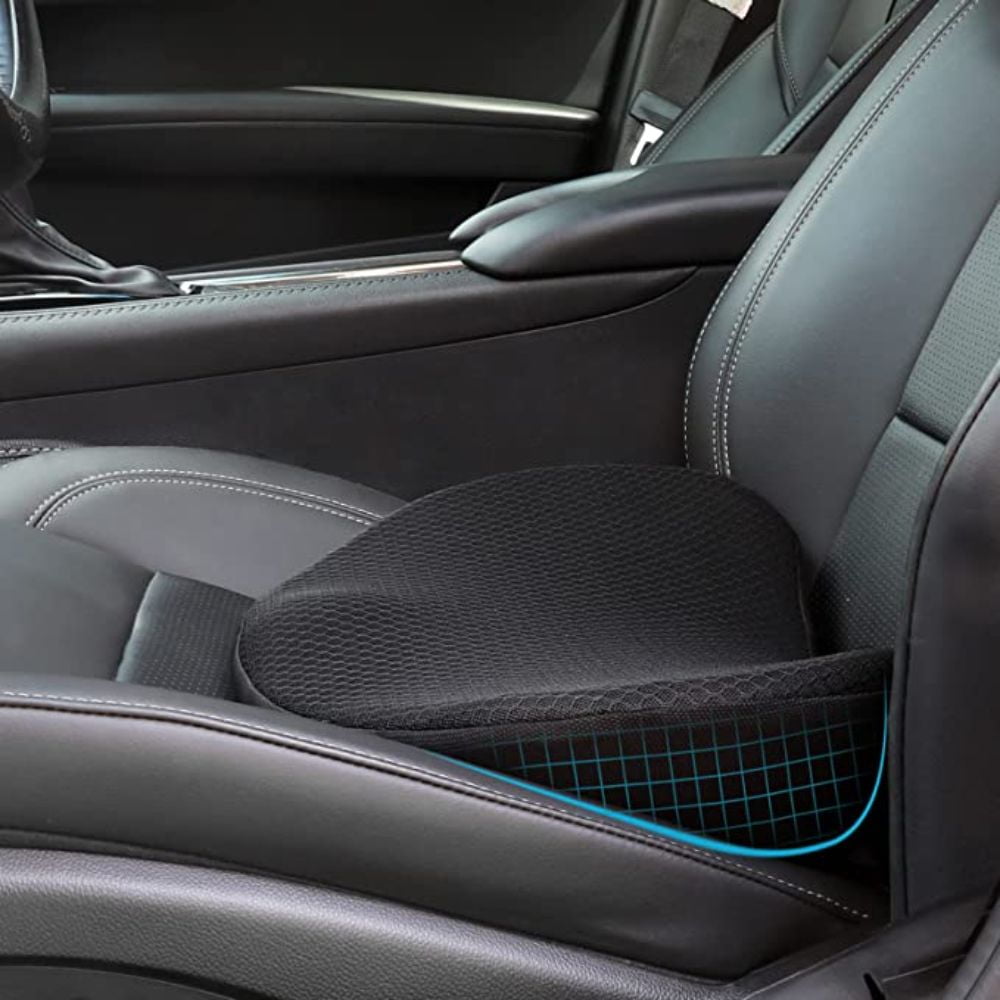 A car seat cushion with memory foam and lumbar support for long commutes or  professional drivers.