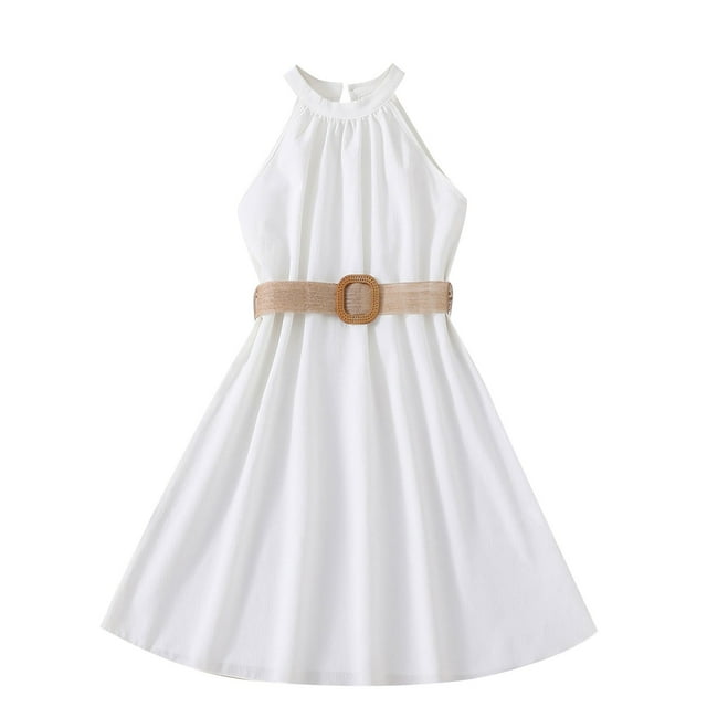 biudgviw Robe d'Été pour Filles Sans Manches à Col Licou, Épaules Dénudées, Ceinturée, Robe Trapèze Midi Décontractée, Robe Soleil 6-13 Ans