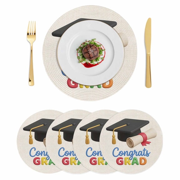 Graduation Round 13 Inch Placemats Set of 4, Grad Cartoon School on Linen HeatResistant Non Slip Place Mats for Dining Table, Wipeable Braided Kitchen Table Mats for Housewarming