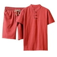 thumbnail image 6 of Dagegui 2 Piece Mens Casual Outfit Big and Tall Cotton Linen Set Solid Stand Neck T-Shirts and Short Pants Sets Daily Colthes Wine 2XL, 6 of 7