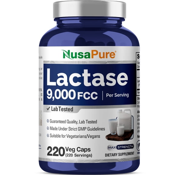 NusaPure Lactase Enzyme 9000 FCC, Lactase Unit, Suitable for Vegetarians/Vegan, Non-GMO, 220 Veg Capsules