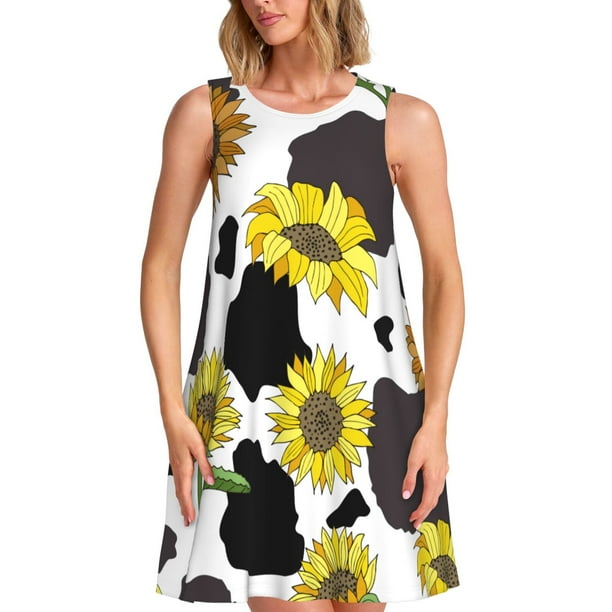 Fotbe Sunflowers Country Vestido de Verano sin Mangas para Mujer – Vestido Midi Línea A, Estilo Camiseta Floral, Vestido Playero Casual y Fluido