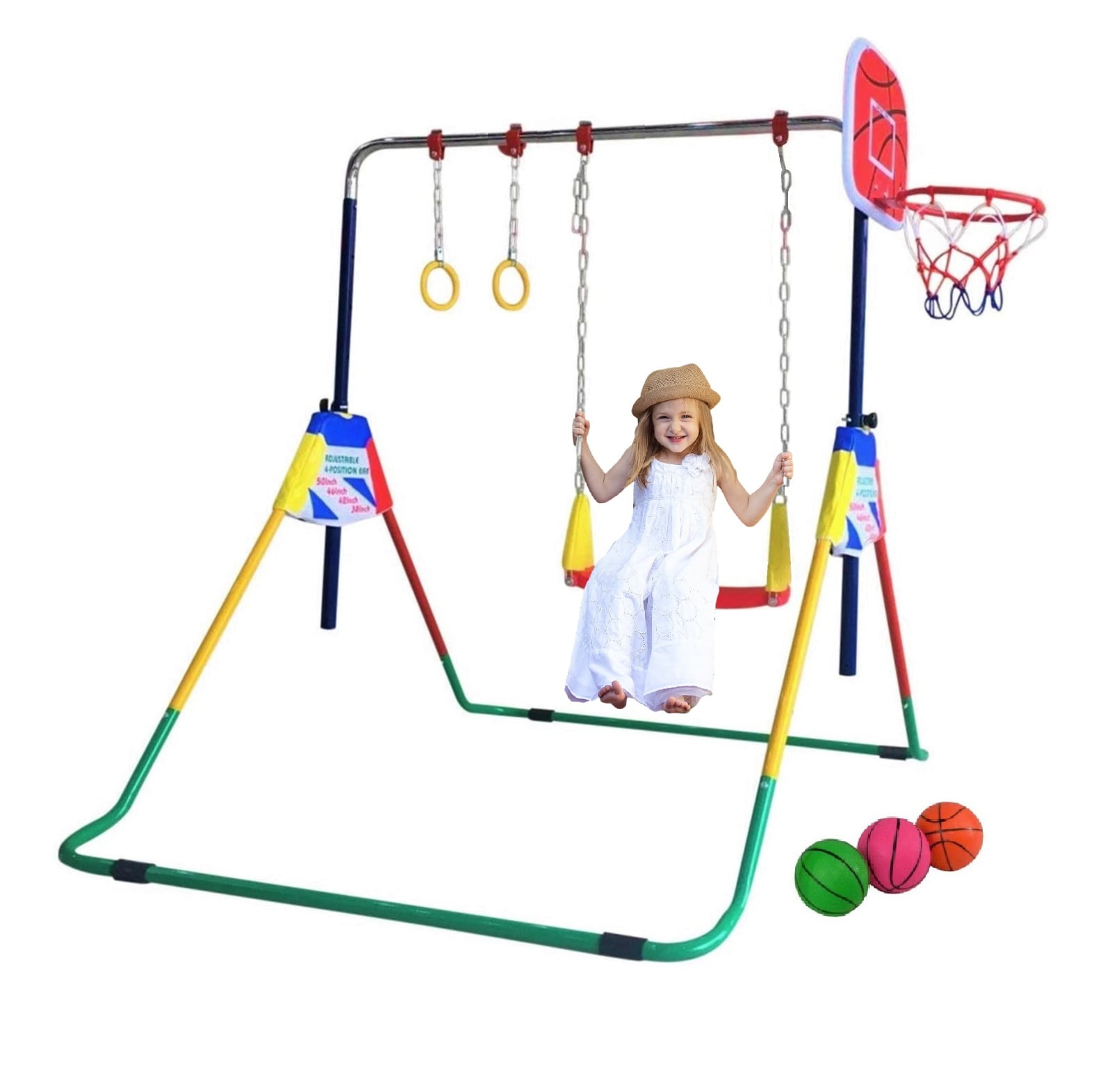 Trapeze Rings Playground Playset Horziontal Gymnastics Monkey Bars Expandable Junior Training Bar Foldable w Stretch Band ToyKraft 3 in 1 Kids Jungle Gym Gymnastics Kip Bar Junior Training Deluxe Swing 