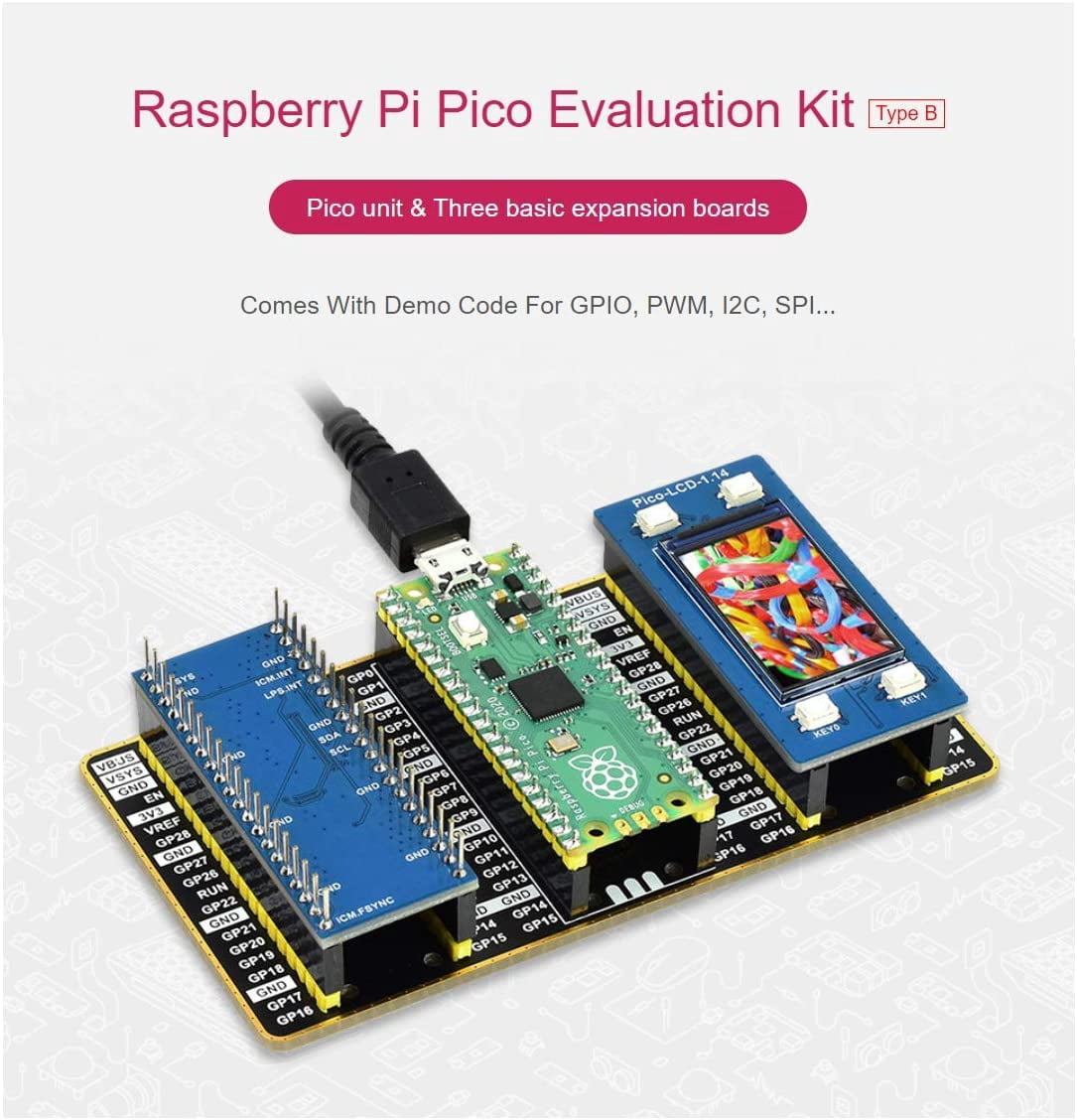 for Pico Evaluation Kit B Include Pi Pico Board with Pre-Soldered Header,1.14inch RGB Color LCD, 10DOF IMU Sensor Module,Dual GPIO Expander,Breadboard
