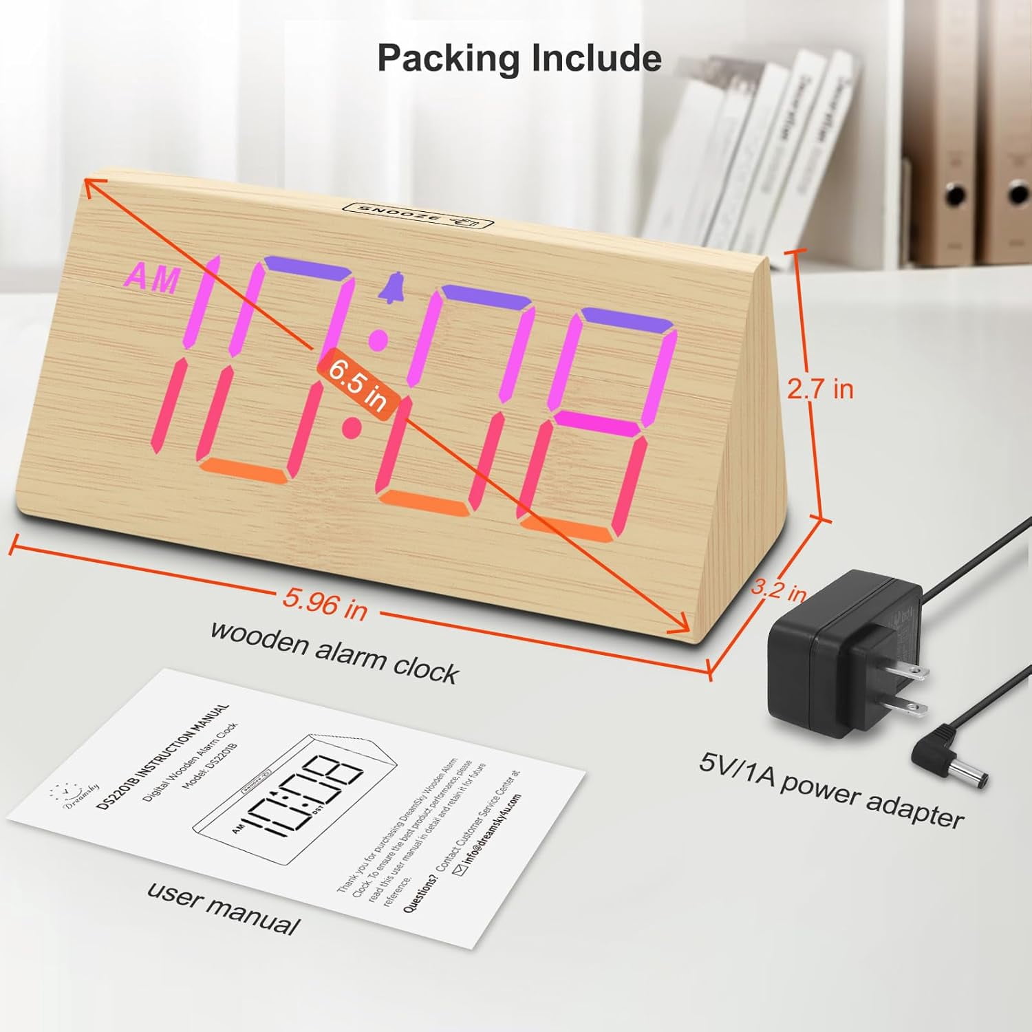 DreamSky Wooden Digital Alarm Clocks for Bedrooms - Electric Desk Clock with Large Numbers, USB Port, Loud Alarm for Heavy Sleepers, Adjustable Volume, Dimmer, DST, Wood Décor Gifts, Adapter Powered
