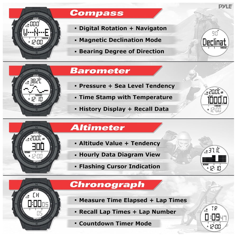 PYLE SPORT PSWWM82BK Multifunction Active Sports Watch with Altimeter Barometer Chronograph Compass Count Down Timer Measuring Weather