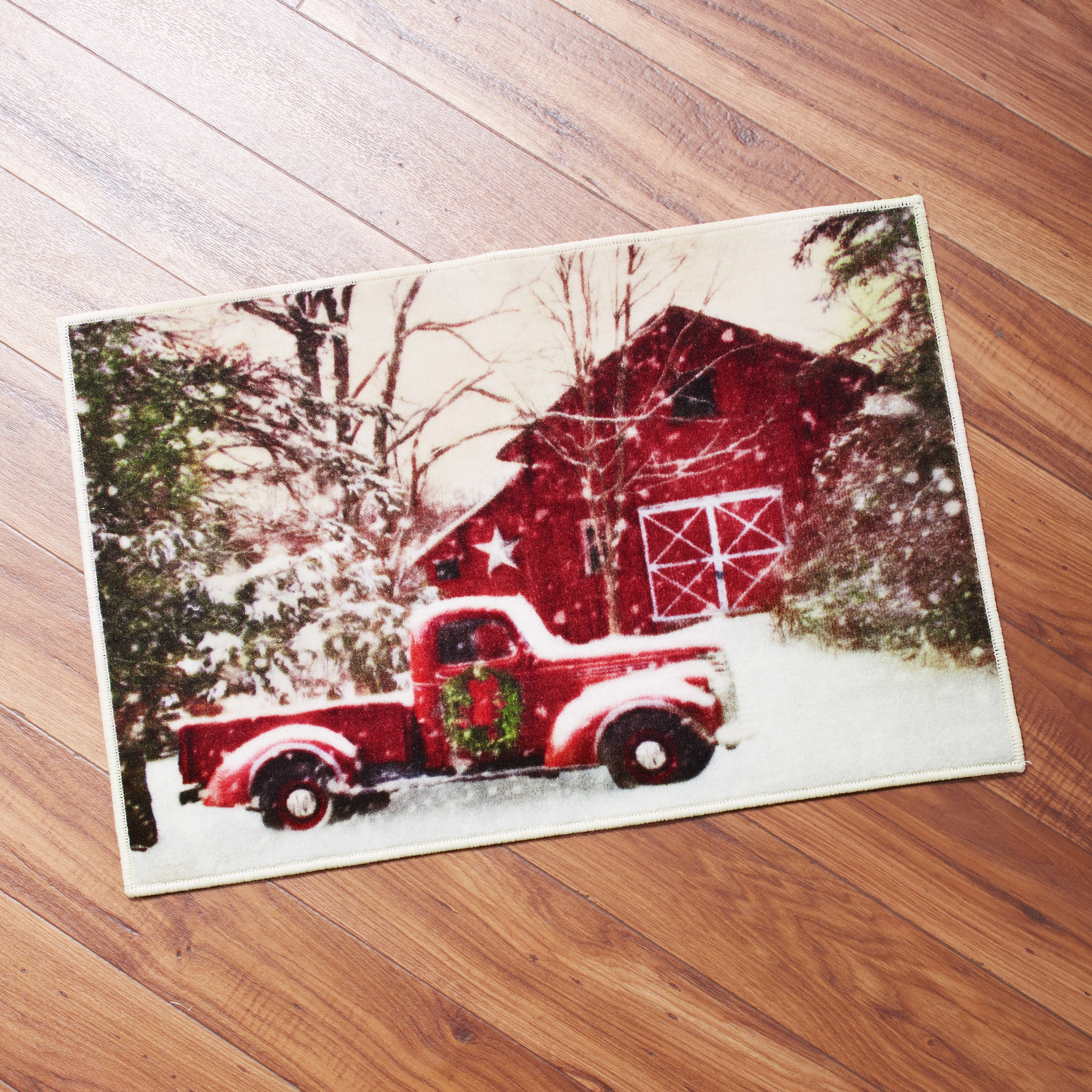 OneHoney Farm Christmas Red Truck Xmas Tree 3 Pieces Bath Rugs and Mats Set U-Shaped Toilet Floor Mat Non Slip Bathroom Decor Floor Doormat Rug Vintage Car on Wood Board Toilet Seat Cover 