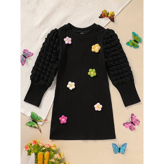 Zehjuhan Toddler Baby Girl Dresses Kids Long Sleeve Floral Print Knit Fall Winter Dress for 2-7Y
