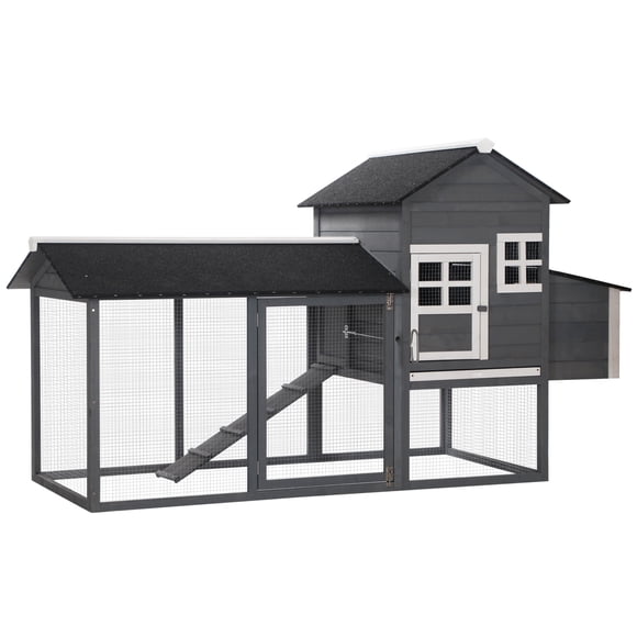 PawHut Chicken Coop Hen House with Nesting Box & Run, Grey