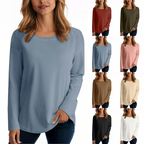Horkkom Long Sleeve Shirts for Women Solid Color Crew Neck T Shirts Casual Loose Undershirt L, Gifts for Women