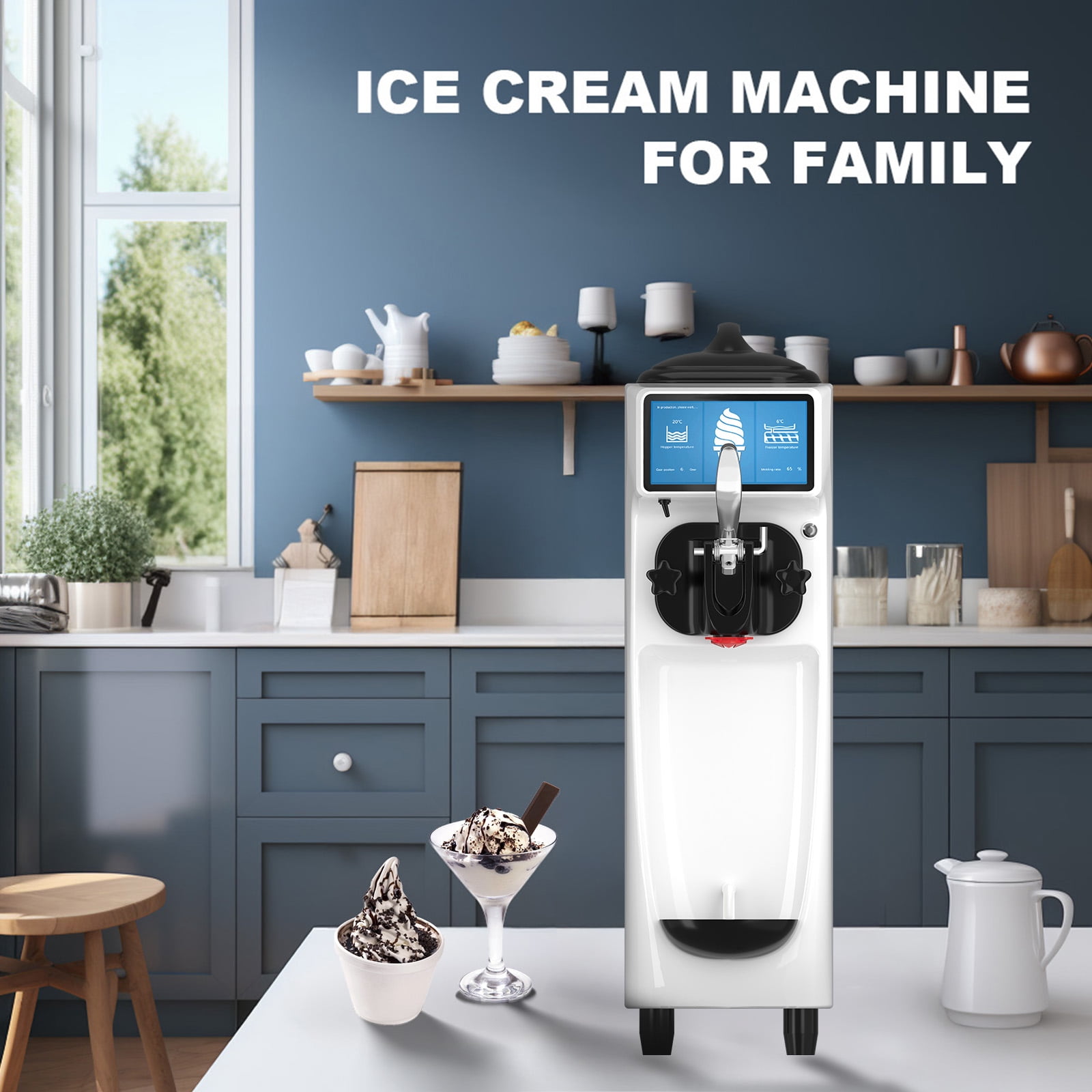 Soft Serve Ice Cream Machine, 7 Inch LCD Touch Screen Ice Cream Machine with 1.6 Gal Tank for Party, 4.2 to 4.6 Gal/H Ice Cream Maker Machine with Pre-Cooling for Store School Home