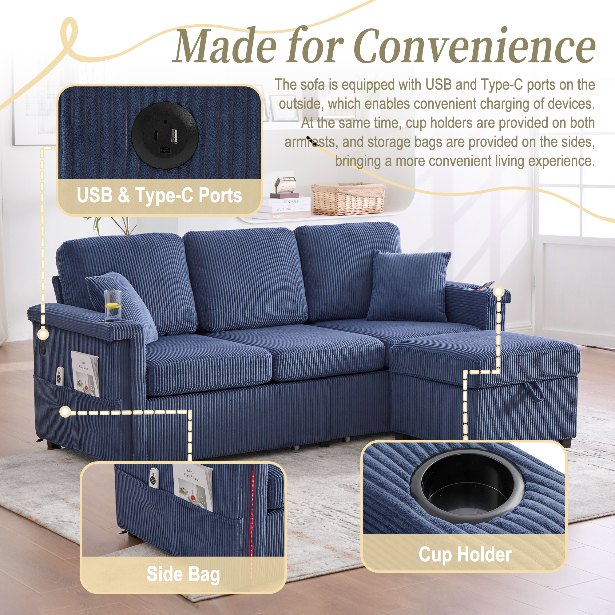 MOONMISS Corduroy Upholstered L-shaped Pull-Out Storage Sectional Sofa with Storage Ottoman,USB Charging,Cup Holder-Navy Blue