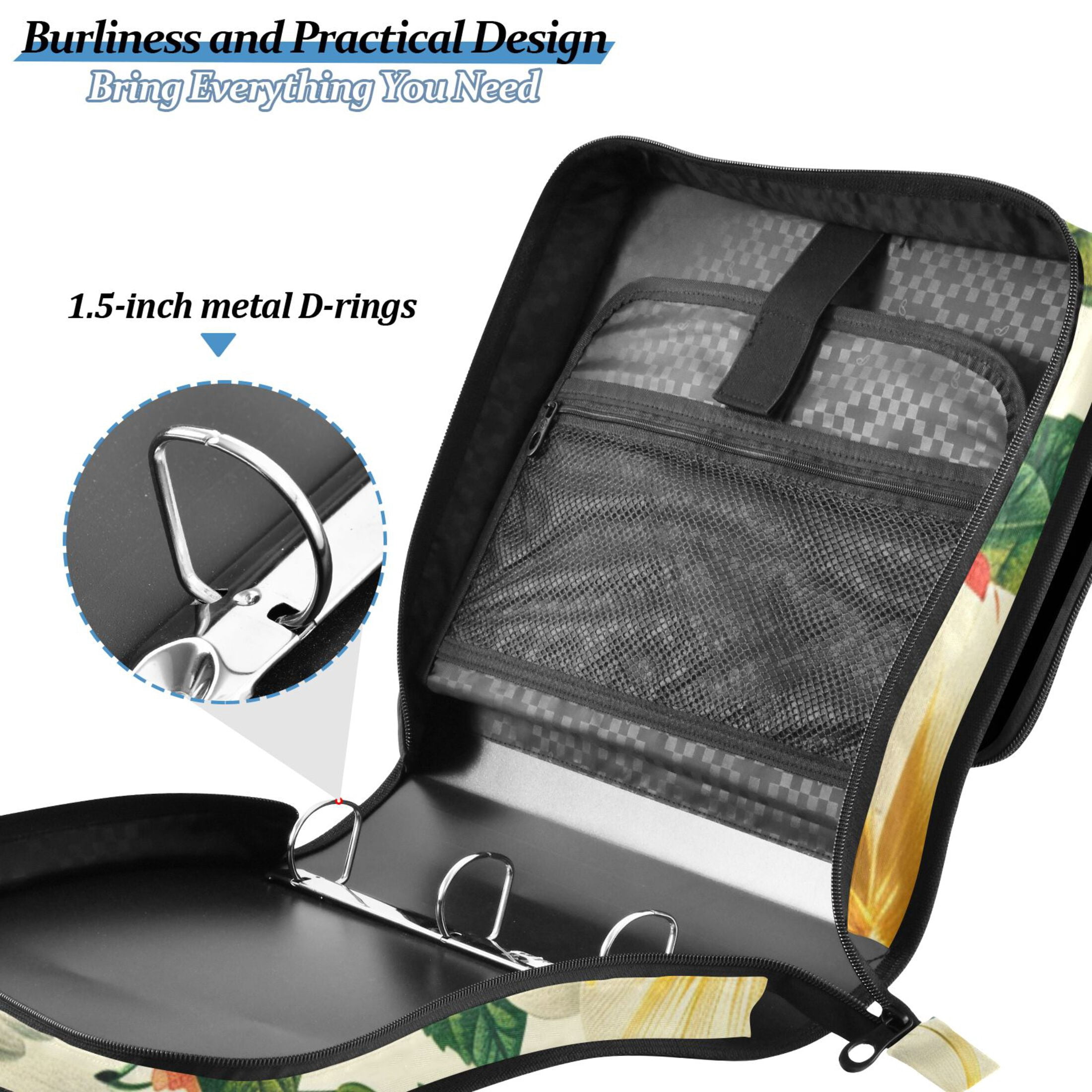3 Ring Zipper Binder with Shoulder Strap Waterproof Trapper Keeper 2 Inch D-Ring 500 Sheets Capacity Different Flower and Leaf