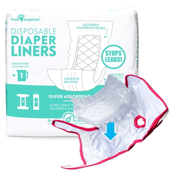 30ct Paw Inspired Dog Diaper Liner Booster Pads, Adds Absorbency with Leakproof Backing to Keep Dog Diapers and Male Wraps Dry