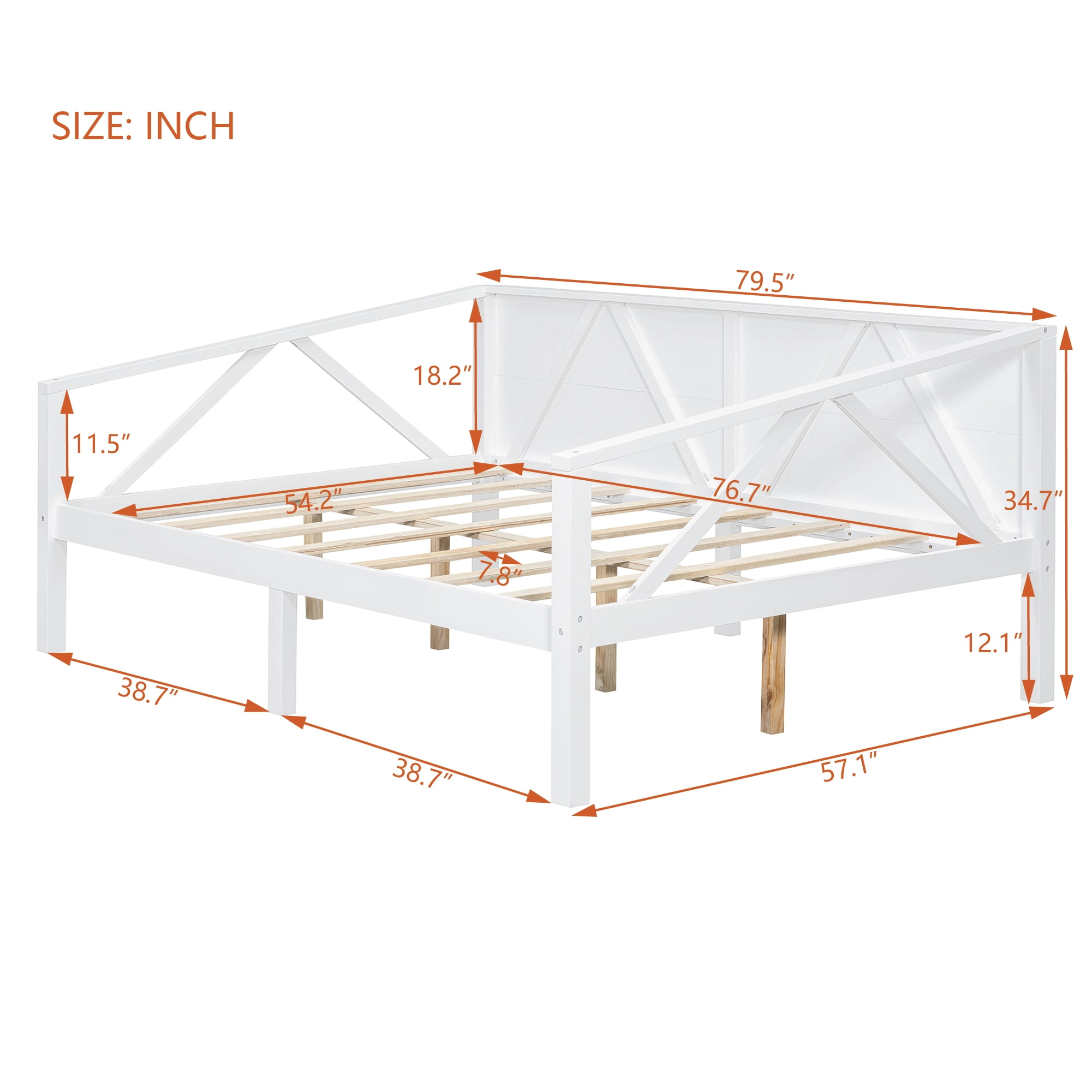 Aukfa Full Size Bed Frame, Solid Wood Daybed with Slat Support for Kids Boys Girls, White