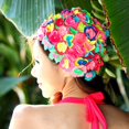 thumbnail image 4 of Swimming Hat Floral Petal Retro Style Flower Bathing Cap for Women - Red, 4 of 4