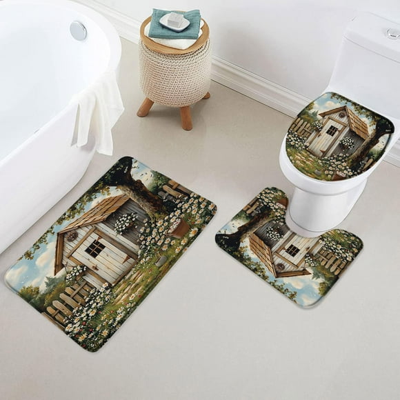 Outhouse Bath Mat Set 3 Piece Rustic Farmhouse Cottage White Floral Wildflower Meadow Vintage Country Spring Natural Abstract Art Bathroom Rug Contour Mat Toilet Seat Cover Home Decor 17.7X29.5Inch