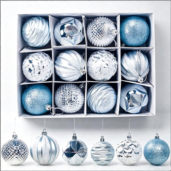 12PCS Christmas Ball Ornaments, 2.4in Blue Silver Assorted Shatterproof Plastic Christmas Baubles Set, Hanging Decorative Balls with Unique Patterns for Christmas Tree Holiday Party Home Decoration