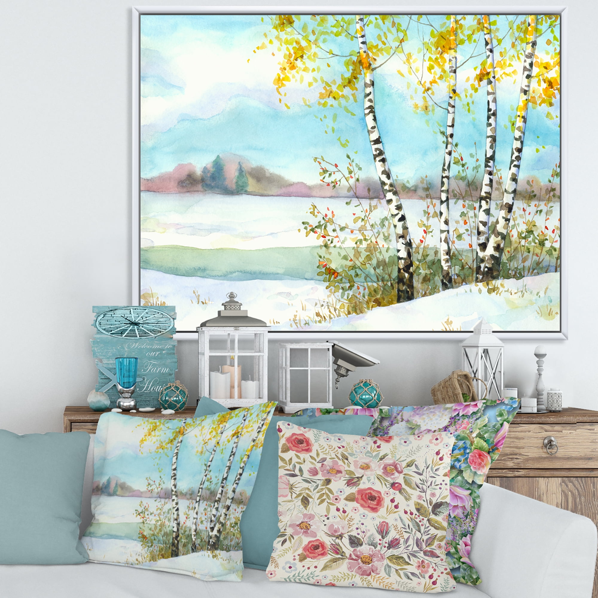 Designart 'Birches In Snowy Land' Lake House Framed Canvas Wall Art Print