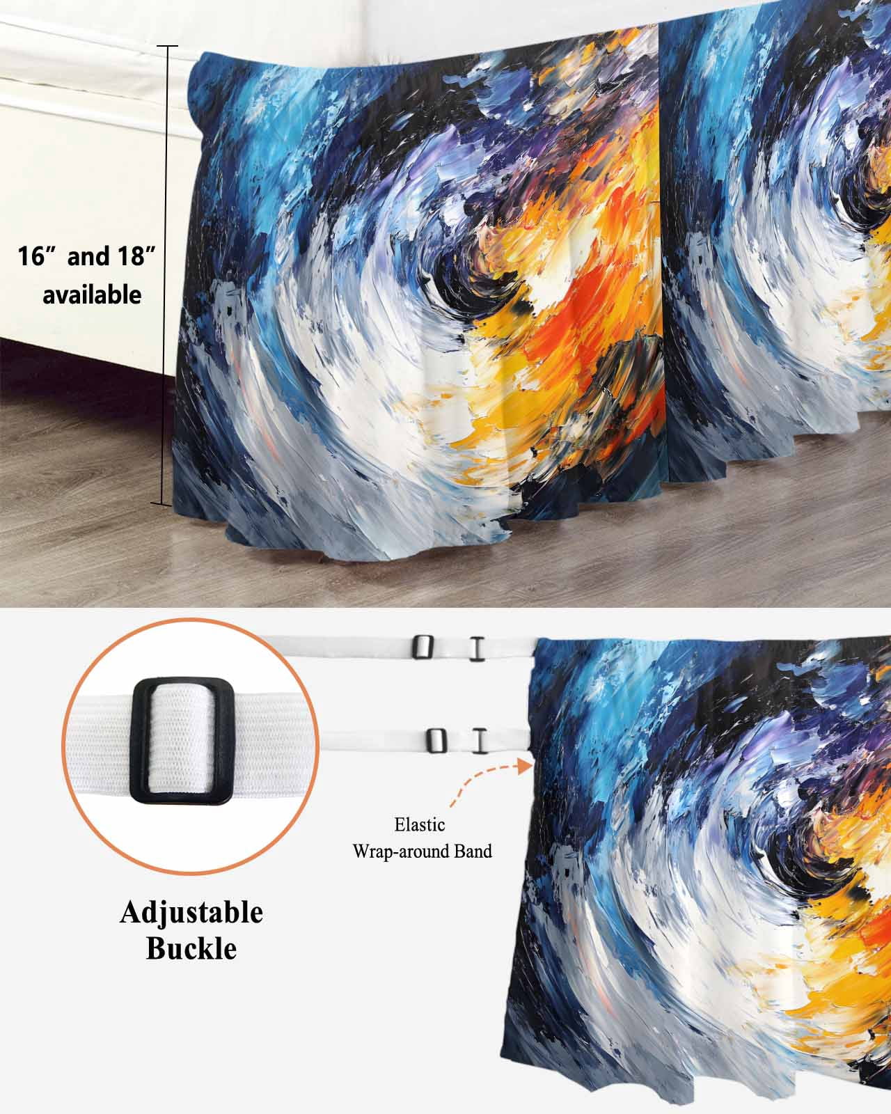 Oil Painting Wrap Around Bed Skirts for Queen Bed 16" Drop,Bed Skirt with Adjustable Elastic Belt Dust Ruffle Bed Valance for Bedroom Hotel Modern Abstract Colorful Smear Aesthetic Bed Frame Cover