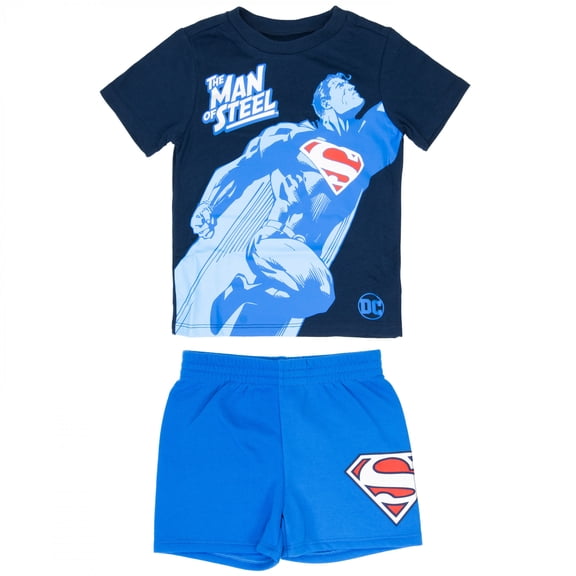 Superman Boys 2-Piece Outfit Set Man of Steel Short Sleeve Graphic Shirt & Matching Shorts DC Comics Clothing